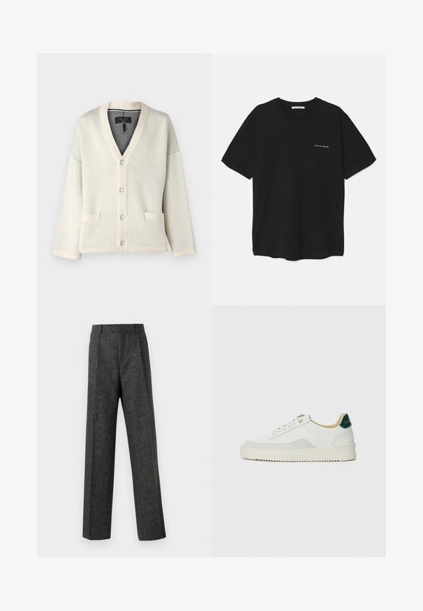Cremfarbener Cardigan mit V-Ausschnitt, gerippten Bündchen und Saum. Verfügt über zwei Fronttaschen und fünf Knopfverschlüsse. Weiche Stricktextur.; Schwarzes Baumwoll-T-Shirt mit Rundhalsausschnitt, kurzen Ärmeln und weißem Logodruck auf der linken Brust. Einfaches, einfarbiges Design.; Graue maßgeschneiderte Hose aus strukturiertem Stoff, mit zwei vorderen Falten und geradem Bein. Keine sichtbaren Taschen oder Verzierungen.; Weiße Sneaker mit Wildlederelementen, runder Zehenpartie, flachen Schnürsenkeln und einer cremefarbenen Gummisohle. Mit grünen Markenlogo am Fersenbereich.