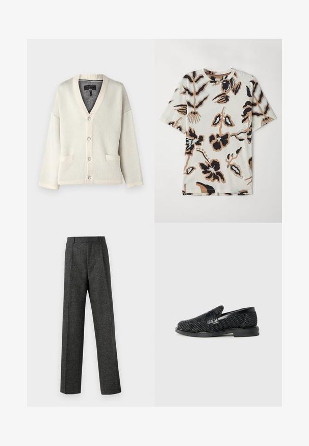 Cremfarbener Cardigan mit V-Ausschnitt, gerippten Bündchen und Saum. Verfügt über zwei Fronttaschen und fünf Knopfverschlüsse. Weiche Stricktextur.; Kurzärmliges T-Shirt aus weichem Stoff, mit einem cremefarbenen Hintergrund und abstrakten Blumenmustern in Schwarz, Braun und Hellblau.; Graue maßgeschneiderte Hose aus strukturiertem Stoff, mit zwei vorderen Falten und geradem Bein. Keine sichtbaren Taschen oder Verzierungen.; Schwarzer geflochtener Slipper mit einem glatten Lederakzent im Obermaterial, einem runden Zehendesign und einer flachen Gummisohle.