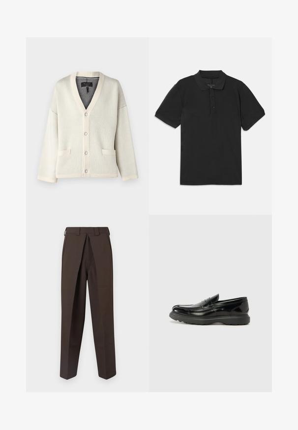 Crèmewitte cardigan met een V-hals, geribbelde manchetten en zoom. Heeft twee voorkruiden en vijf knoopsluitingen. Zachte gebreide textuur.; Zwarte polo met korte mouwen, een kraag en een drieknopenlijst. Gemaakt van een gladde, lichte stof met een klassiek ontwerp.; BLUEMARBLE WORK PANT - Broek - brown; Zwarte leren instapper met een glanzende afwerking, een ronde neus, subtiele stiksels en een dikke rubberen zool voor duurzaamheid.