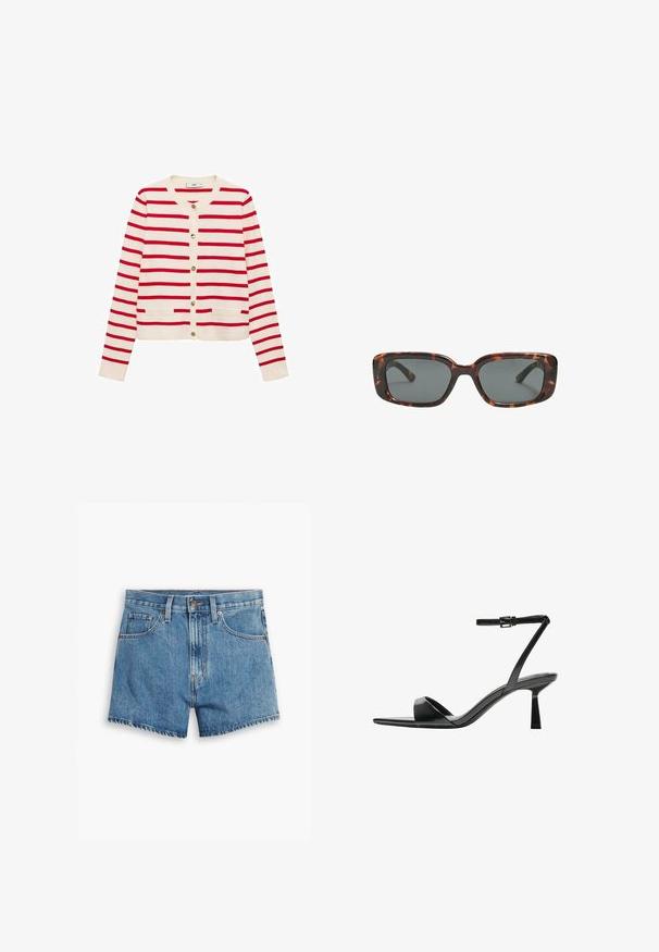 Červeno-bílý pruhovaný kardigan s kulatým výstřihem, zlatými knoflíky a dvěma předními kapsami. Měkká látka a dlouhé rukávy.; Bílý body s čtvercovým výstřihem, bez rukávů, hladkým povrchem a patentkami na dně. Jednoduchý a minimalistický styl.; Džínové šortky v světle modré barvě, s pěti kapsami, zipovým zapínáním a knoflíkovým uzávěrem. Lem je roztrhaný s uvolněným střihem.; Bershka Sandály na vysokém podpatku - black; Sluneční brýle ve stylu želvoviny s obdélníkovými čočkami, silnými rámy a tmavými zbarvenými čočkami. Hladký povrch a minimalistický design.
