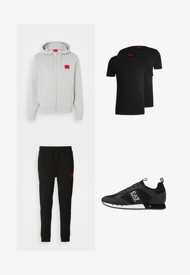 Um hoodie cinza claro com fecho e capuz ajustável, bolsos laterais, punhos canelados e um pequeno logotipo quadrado vermelho com o nome da marca no peito.; Duas t-shirts de algodão pretas com mangas curtas e decote redondo. Ambas apresentam um rótulo de marca vermelho na gola. Design simples e clássico.; Calças de treino pretas feitas de um tecido macio, com cintura elástica ajustável, ajuste slim e um emblema vermelho na coxa esquerda.; EA7 Emporio Armani Sapatilhas - black/white