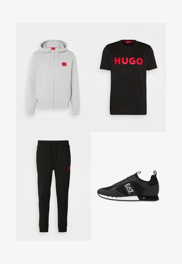Ljust grå zip-up hoodie med dragsko på huvan, sidofickor, ribbade ärmar och en liten röd fyrkantig logotyp med varumärkesnamnet på bröstet.; Svart bomull t-shirt med djärv röd "HUGO" text framtill, korta ärmar, rund halsringning och en avslappnad passform.; Svarta sweatpants i mjukt material, med dragsko i midjan, slim fit och en röd logotyp på vänster lår.; EA7 Emporio Armani Sneakers - black/white