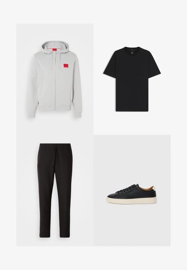 Lichtgrijze zip-up hoodie met een capuchon met trekkoord, zijzakken, geribbelde manchetten en een klein rood vierkant logo met de merknaam op de borst.; Zwarte korte mouwen T-shirt van een gladde katoenmix, met een ronde halslijn en een minimalistisch ontwerp zonder patronen of accenten.; Zwarte joggingsbroek van gladde stof. Kenmerkt zich door een elastische tailleband met een trekkoord, taps toelopende benen en geen zichtbare zakken. Eenvoudig ontwerp.; Zwarte leren sneakers met een gladde textuur, beige rubberen zool, vetersluiting en een contrasterende hielaccent.