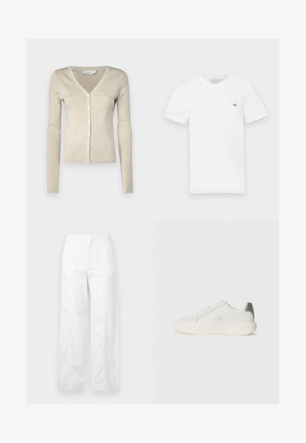Bež povezan kardigan z V-izrezom, dolgimi rokavi in sprednjim zapiranjem na gumb. Ima fino pleteno teksturo in subtilen lesk.; Bela bombažna majica s kratkimi rokavi in okroglim izrezom. Na levi strani prsnega koša je majhna črna "ck" ikona. Gladka tekstura.; Bela široka hlače iz lahkega materiala, ki se ponašajo z gladko teksturo, čistimi linijami in visokim pasom.; Belej športni čevelj iz usnja z gladko teksturo, ki ima srebrno akcentacijo na peti, ravno podplato in minimalističen dizajn.