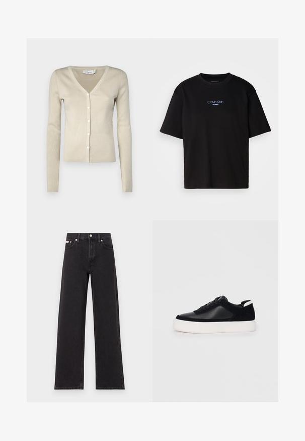 Beige bordázott kardigán V-nyakkal, hosszú ujjakkal és elöl gombos zárással. Finom kötött textúrával és diszkrét fényességgel rendelkezik.; Fekete pamut póló kerek nyakkal, rövid ujjú, elöl kék hímzett "Calvin Klein JEANS" logóval.; Fekete, bőszárú farmernadrág, magas derekú, öt zsebes kialakítással és fém gombos záródással, kontrasztos varrással.; Fekete sportcipő sima bőrből és velúr panelekkel, lapos fűzőkkel, kerek orral és fehér gumi talppal. Megkülönböztető logó a sarkán.