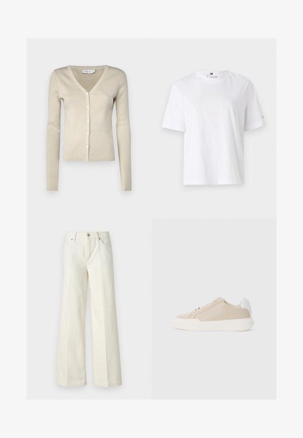 Beige ribbattu cardigan, jossa on V-kaula-aukko, pitkät hihat ja edessä nappikiinnitys. Ominaisuuksina hieno neulepinta ja hillitty kiilto.; Valkoinen puuvillapaita, jossa on pyöreä kaula-aukko, lyhyet hihat ja huomaamaton keltainen logomuotoilu, jossa lukee "HILFIGER NEW YORK 1985." Normaali istuvuus.; Valkoiset leveät farkut, jotka on valmistettu puuvillasekoitteesta. Ominaisuuksina vetoketjuluukku, viisi taskua ja ompeleet saumoissa.; Beige nahkakengät, joissa on valkoinen takakappale, litteä valkoinen pohja ja sävy sävyyn ommeltu logo sivussa.