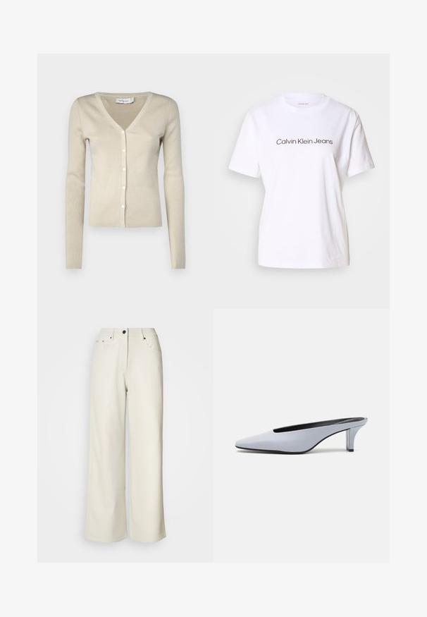 Beige ribbattu cardigan, jossa on V-kaula-aukko, pitkät hihat ja edessä nappikiinnitys. Ominaisuuksina hieno neulepinta ja hillitty kiilto.; Valkoinen puuvillapaita lyhyillä hihoilla, jossa on musta teksti "Calvin Klein Jeans" edessä. Pyöreä pääntie, sileä pinta.; Kerman leveälahkeiset housut, jotka on valmistettu sileästä kankaasta. Ominaisuuksiin kuuluvat keskikorkea vyötärö, vetoketjukiinnitys ja kaksi etutaskua mustilla metalliosilla.; Vaaleansiniset patentoidut korkokengät, joissa on terävä kärki, matala läpinäkyvä korko ja tyylikäs muotoilu, jossa on aukko vampissa.