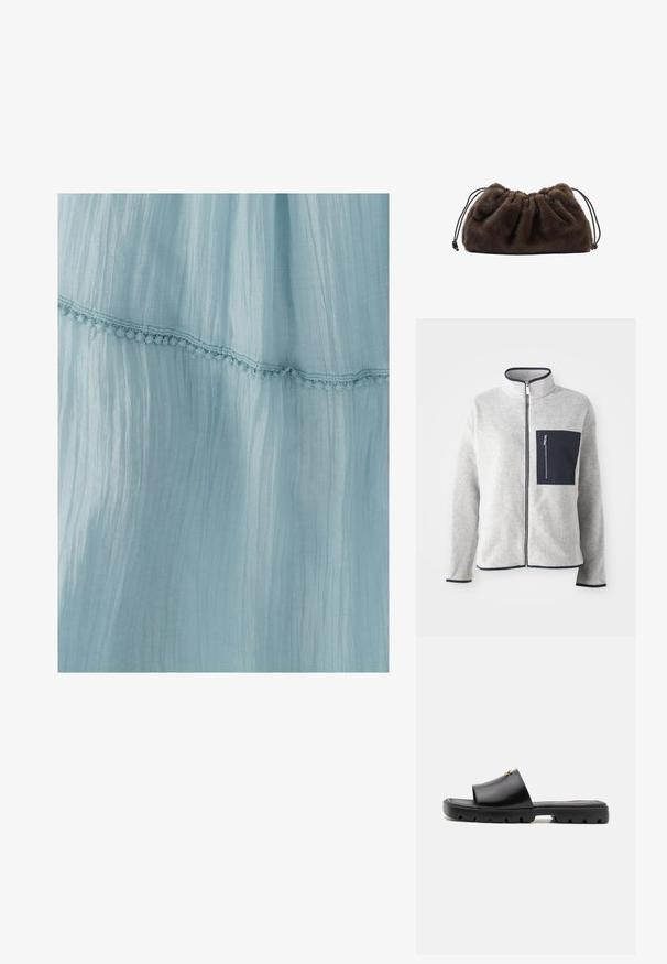 Grå fleecjacka med hög krage, marinblå ficka och kontrasterande detaljer. Har dragkedja fram och långa ärmar. Mjuk textur.; Ljusblå klänning i krinklad tyg, med en dekorativ spetskant längs fållen. Texturen är mjuk och luftig.; Svarta mule-skor med en jämn, matt läderovandel och en tjock, texturerad gummisula. Märkbar guldfärgad detalj på ovandelen. Enkel, öppen design.; Brun handväska i fuskpäls med samlad design och dragsko. Mjuk textur, rundad form och minimalistisk stil.