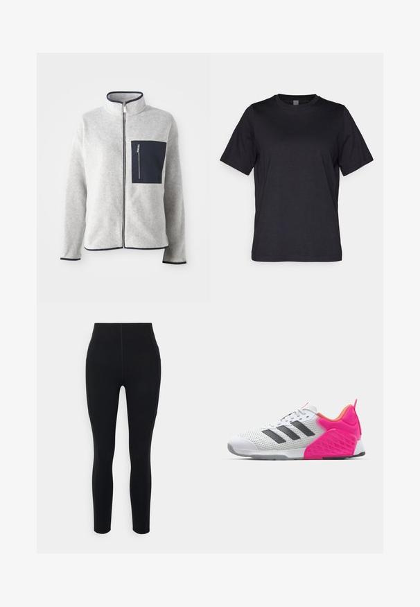 Pilkos fliso striukės su aukštu kaklu, mėlynu kišeniu ir kontrastingais apdailos elementais. Savybės: priekinis užtrauktukas ir ilgomis rankovėmis. Minkšta tekstūra.; Juodos medvilnės marškinėliai su trumpomis rankovėmis, apvalia iškirpte ir paprastu dizainu. Lygus tekstūros paviršius ir tiesus kirpimas prie apačios.; Juodos aukšto liemens legging'os, pagamintos iš elastingos medžiagos, su šoninėmis kišenėmis ir lygiomis siūlėmis, suteikiančiomis sklandų vaizdą.; Balti sportiniai bateliai su pilkomis juostelėmis, tinklinio viršumi ir rožinėmis kulno bei akcentų detalėmis. Yra tekstūruotas kulnas ir guminis padas. Raišteliai ir paminkštinta apykaklė.