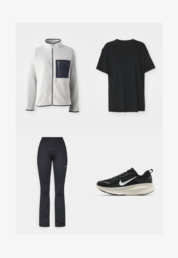 Grå fleecejakke med høy krage, marineblå lomme og kontrastkant. Har glidelås foran og lange ermer. Myk tekstur.; Svart t-skjorte med korte ermer laget av glatt stoff, med rund hals og løs passform. Har sideslisser for ekstra komfort og pusteevne.; Svarte treningsleggings med høy midje, laget av glatt, elastisk stoff. Har en liten hvit Nike-logo på venstre lår.; Svart Nike løpesko med pustende mesh-overdel, hvit swoosh-logo, teksturert detaljer og en kremfarget ZoomX mellomsåle.