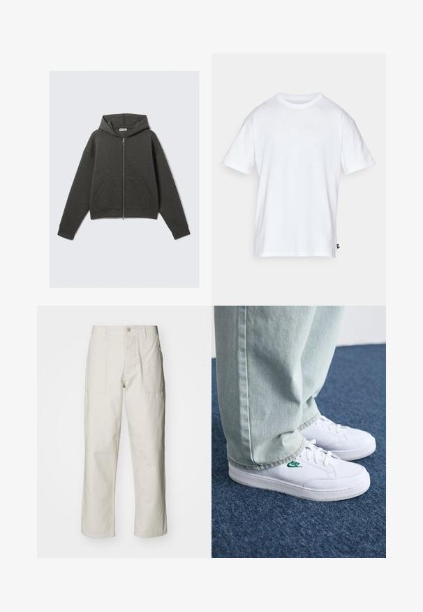 Haut de survêtement cropped gris foncé avec une fermeture éclair à l'avant, une capuche avec cordon de serrage et deux poches latérales. Présente des poignets côtelés et une texture douce.; T-shirt en coton blanc à manches courtes et col rond. Présente un petit logo Nike subtil sur la poitrine et une étiquette sur le côté.; Pantalons larges beige clair en coton. Dotés de poches avant et d'une fermeture à bouton. Texture lisse avec de légères lignes verticales.; Baskets en cuir blanc avec logo Nike vert, bout rond, semelle plate, associées à un pantalon en denim bleu clair, présentées sur un tapis bleu.