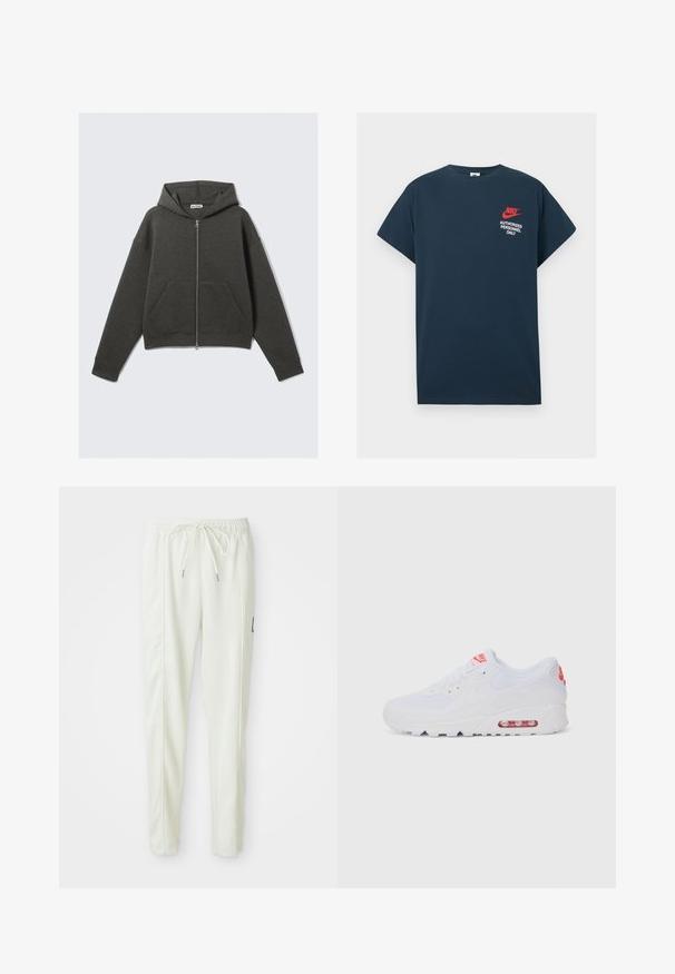 Czarnoszary skrócony hoodie z zamkiem błyskawicznym z przodu, kapturem ze sznurkiem oraz dwoma bocznymi kieszeniami. Posiada ściągacze na rękawach i miękką fakturę.; Niebieska bawełniana koszulka z krótkimi rękawami. Posiada czerwone logo Nike oraz biały napis "TYLKO UPRAWNIONY PERSONEL" na lewej piersi.; Białe joggerki slim fit z elastycznym paskiem w talii i sznurkiem do regulacji, z bocznymi przeszyciami oraz małą czarną naszywką na prawej nogawce.; Białe sportowe sneakersy z gładką cholewką, sznurowaniem, wyściełaną podeszwą i widoczną jednostką powietrzną z czerwonymi akcentami na oznaczeniach.