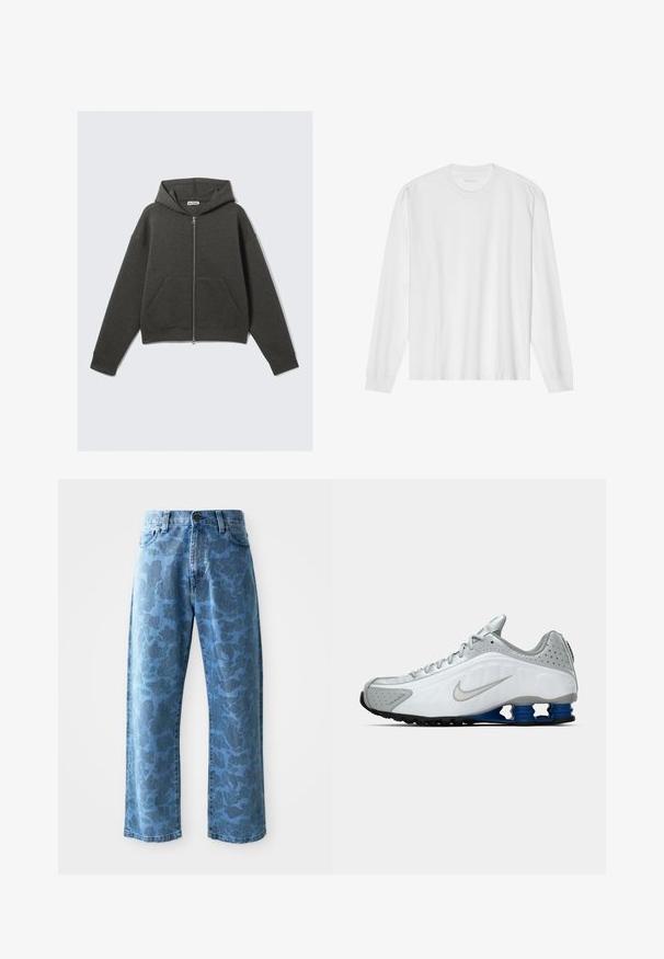 Czarnoszary skrócony hoodie z zamkiem błyskawicznym z przodu, kapturem ze sznurkiem oraz dwoma bocznymi kieszeniami. Posiada ściągacze na rękawach i miękką fakturę.; Biała, bawełniana koszulka z długim rękawem i okrągłym dekoltem, z prążkowanymi mankietami i prostym dołem, o gładkiej teksturze i minimalistycznym wzornictwie.; Jasnoniebieskie dżinsy z subtelnym tonalnym wzorem kwiatowym, szerokie nogawki, pięć kieszeni oraz zapięcie na guzik w talii.; Białe i szare buty do biegania Nike z srebrnym logo, niebieskimi, sprężynowymi podeszwami oraz czarnym bieżnikiem na jednolitym tle.