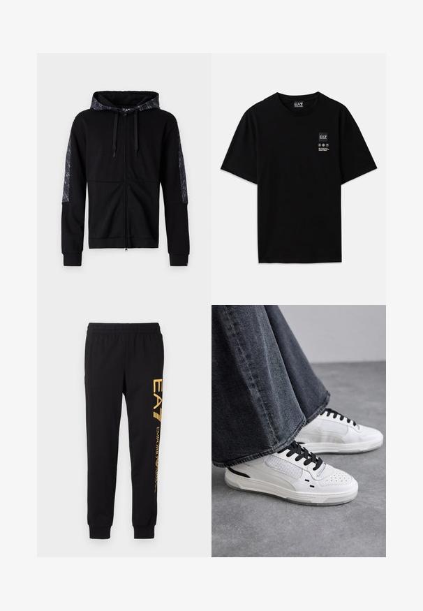 Felpa nera con zip e cappuccio a fantasia con accenti laterali. Presenta lacci, polsini aderenti e una texture liscia. Design semplice e moderno.; T-shirt nera in cotone con maniche corte, collo a giro e un piccolo etichetta con logo sul davanti che presenta simboli di cura bianchi.; Pantaloni tuta neri realizzati in un tessuto morbido, dotati di una cintura elastica e fianchi a fondo stretto. Logo giallo stampato verticalmente sulla gamba sinistra.; Sneakers bianchi con lacci neri e dettagli in rete. Presentano una tomaia in pelle liscia e una suola in gomma testurizzata. Abbinate a jeans grigi a gamba larga.