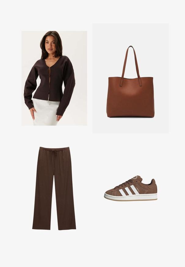 Brown cropped cardigan met een V-hals, lange mouwen en een ritssluiting aan de voorkant. Gemaakt van een dikke, getextureerde stof.; Bruine geribbelde t-shirt met korte mouwen en een licht gebogen zoom. Zachte textuur en een relaxte pasvorm, met een ronde halslijn en minimale naden.; Bruine wijde broek gemaakt van zachte stof, met een elastische tailleband en een trekkoord, en twee zijzakken.; Bruine suède sneaker met witte leren strepen, rubberen zool, ronde neus en vetersluiting. Kenmerkt zich door een logo op de tong en geperforeerde accenten.; Bruine leren tote bag met een gladde textuur, een ontwerp met een open bovenkant en twee schouderbanden. Kenmerkt zich door minimale stiksels en geen zichtbare hardware.