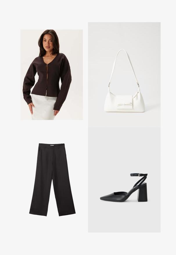 Braune cropped Strickjacke mit V-Ausschnitt, langen Ärmeln und einem Reißverschluss vorne. Hergestellt aus einem dicken, strukturierten Stoff.; Schwarzes, kurzärmeliges, bauchfreies T-Shirt mit rundem Halsausschnitt und einfachem Design, flach auf weißem Hintergrund liegend.; Schwarze weite Hosen aus glattem Stoff, mit einem Reißverschluss vorne und zwei seitlichen Taschen, maßgeschneiderter Passform und minimalistischem Design.; Schwarze Leder-Pumps mit spitzer Zehe, einem Knöchelriemen und einem blockigen Absatz. Flache Textur, elegantes Design und minimalistische Ästhetik.; Weiße synthetische Handtasche in dreieckiger Form, flache Vorderklappe und Schleifendetail, verstellbarer Trageriemen, glatte Textur und minimalistisches Design.