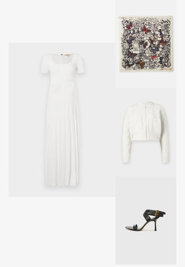 Kort witte cardigan met kabelbrei-textuur, ronde halslijn en ritssluiting. Voorzien van ribgebreide manchetten en zoom voor een veilige pasvorm.; Lang, wit, geribbeld jurkje met een vierkante halslijn en korte mouwen. Bevat verticale plooien en een ritssluiting aan de achterkant. Zachte textuur.; Zwarte hoge hak sandaal met gekruiste bandjes en verstelbare gespsluiting. Heeft een gladde textuur en een taps toelopende stilettohak.; Vierkante zijden sjaal met gedetailleerde vlinderillustraties in verschillende kleuren op een lichte achtergrond, met zwarte omtrekken en decoratieve patronen.; Witte leren handtas met een textuurafwerking, voorzien van een gouden schouderhengsel en zwarte accenten. Inclusief een voorvak en ritssluiting.