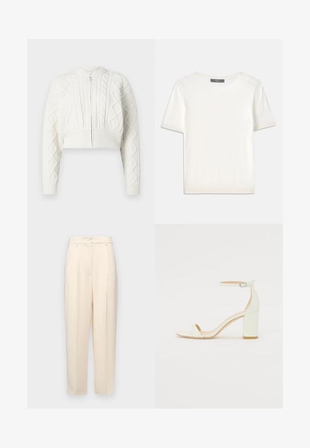 Afkortet hvid cardigan med kabelstrikket tekstur, rund halsudskæring og lynlås lukning. Har ribbede manchetter og kant for en sikker pasform.; Hvid kortærmet strikbluse med rund halsudskæring, der har en glat tekstur og subtile ribbede detaljer ved ærmerne og kanten.; Beige skræddersyede bukser med en lige pasform, der har folder i fronten, en glat tekstur og en mellemhøj talje. Ingen synlige lommer.; Hvide læder sandaler med blokhæl, der har en ankelrem med spænde og minimalistisk design. Åben tå og glatte teksturer hele vejen igennem.