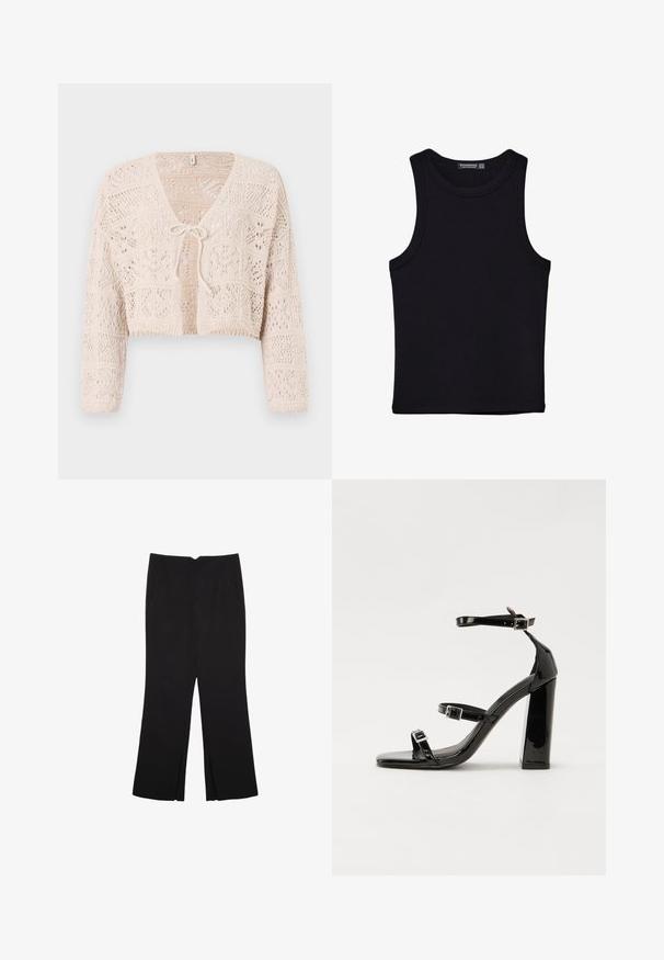 Virkat beige cardigan med öppen framsida, långa ärmar och knytstängning. Har geometriska mönster och en cropped design.; Svart linne i bomull, med rund halsringning och breda armhål. Slät yta med sydda fållar. Klassisk, minimalistisk design.; Svarta byxor med rak passform, utrustade med framfickor och sidoklyvningar vid fållen. Tillverkade av mjukt, slätt tyg. Lämpliga för olika tillfällen.; Svarta lackerade högklackade sandaler med två spännband, fyrkantig tå och en tjock klack, med en slät och glansig yta.