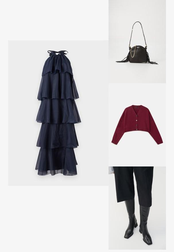 Burgundia värvi lühike kootud kardigan V-kaelusega, viie nupu kinnitusega ja soonikkoes mansettidega. Pehme tekstuur ja lõdva istuvusega, madala õlavarrekoha disainiga.; Tumedate sinine kihiline kleit halterneckiga. Valmistatud läbipaistvast kangast, voolavate kihtidega ja kogutud rinnaosaga. Tekstureeritud ja kerge.; Mustad musta nahast põlvekõrgused saapad ruudukujulise varbaga ja plokk-sirge kontsaga. Omab külgzippi ja sileda tekstuuri.; Mustvalge nahast käekott ümarate servadega, millel on frantsi kaunistused, pikk õlavarre rihm ja kuldne ketielement.