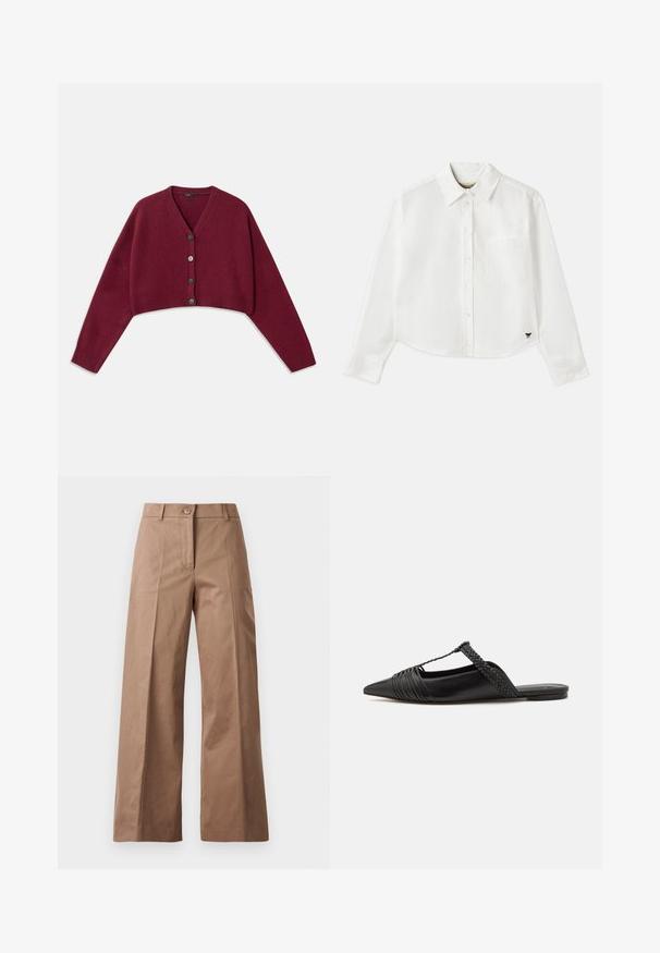 Burgundska kratka pletena jakna z V-izrezom, petimi gumbi in rebrastimi manšeti. Mehak material z udobnim krojem in spuščenimi rameni.; Bela skrajšana srajca z dolgimi rokavi iz bombaža. Ima sprednje gumbke, žep na prsih in majhen črn logo na spodnjem levem delu.; Rjave široke hlače iz gladkega materiala, z zapiranjem spredaj na gumb, dvema sprednjima žepoma in čistimi, postavljenimi linijami.; Črne usnjene sandale s priponko, koničastim nosom in tkano dekoracijo ter gubanjem na zgornjem delu. Ravna podplata z minimalno opremo.