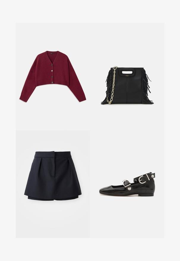 Burgundowa, krótka dzianinowa kardigan z dekoltem V, pięcioma guzikami i prążkowanymi mankietami. Miękka tekstura, luźny krój i opadające ramiona.; Granatowa polo z prążkowanej tkaniny, z kołnierzykiem w kształcie klapy, krótkimi rękawami i dwoma przednimi kieszeniami zapinanymi na napy; wyróżniająca się białymi przeszyciami.; Granatowe szorty z plisami o wysokim stanie, wykonane z gładkiej tkaniny. Charakteryzują się dopasowanym krojem i ukrytą przednią kieszenią.; Czarne lakierowane baleriny z kwadratowym noskiem, z paskiem na kostkę z metalowymi elementami w kolorze srebrnym oraz płaską podeszwą. Gładka textura i minimalistyczny design.; Czarna skórzana torebka na ramię z frędzlami, złotym łańcuszkiem oraz wyciętym uchwytem. Posiada umieszczone na przodzie logo.