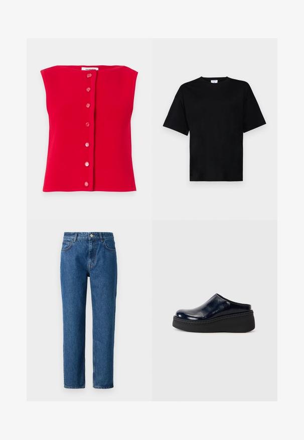 Κόκκινο αμάνικο τοπ φτιαγμένο από ριμπ ύφασμα, με κουμπιά σε ροζ απόχρωση στον μπροστινό μέρος. Ευθεία φάσα και στρογγυλή λαιμόκοψη.; Μαύρο κοντομάνικο μπλουζάκι σε άνετη γραμμή, φτιαγμένο από μαλακό ύφασμα, με στρογγυλή λαιμόκοψη και χωρίς έντονα μοτίβα ή διακοσμητικά.; Μπλε τζιν παντελόνι με κοπή ίσιας γραμμής, διαθέτει κούμπωμα με κουμπί, βρόχους ζώνης και μπροστινές τσέπες. Κατασκευασμένο από υφασμένο βαμβακερό ύφασμα.; Σκούρο μπλε πατέντο δερμάτινο καστόρι με λεία επιφάνεια, διαθέτοντας μια χονδρή μαύρη πλατφόρμα και ορατές ραφές κατά μήκος της βάσης.