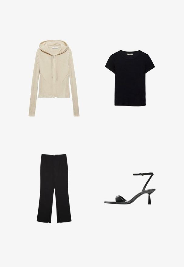 Mango Strickjacke - off-white; Schwarzes kurzärmeliges T-Shirt aus weichem Stoff. Mit klassischem Rundhalsausschnitt und lockerer Passform. Keine Muster oder Akzente sichtbar.; Schwarze Hose mit geradem Schnitt, ausgestattet mit Fronttaschen und Seitenschlitzen am Saum. Hergestellt aus weichem, glattem Stoff. Geeignet für verschiedene Anlässe.; Bershka High Heel Sandalette - black