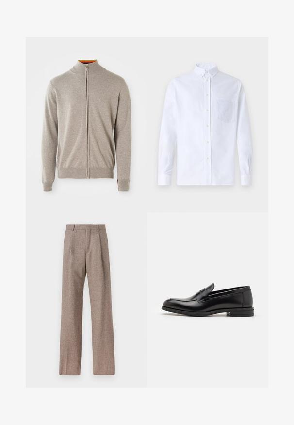 Pulover cu fermoar tricotat, de culoare gri deschis. Are un guler înalt, manșete și tiv cu model în relief. Gulerul interior are un accent colorat. Textură moale.; Cămașă albă cu mânecă lungă, din bumbac, prevăzută cu un buzunar pe piept cu broderie tonală, guler și manșete cu buton.; Pantaloni bej, cu talie înaltă, dintr-un material texturat. Prezintă picioare late și două pliseuri frontale pentru structură. Finisaj îngrijit, fără accesorii vizibile.; Mocasini din piele neagră cu o textură netedă, vârf rotund și o curea decorativă peste partea superioară. Toc mic, design minimalist.