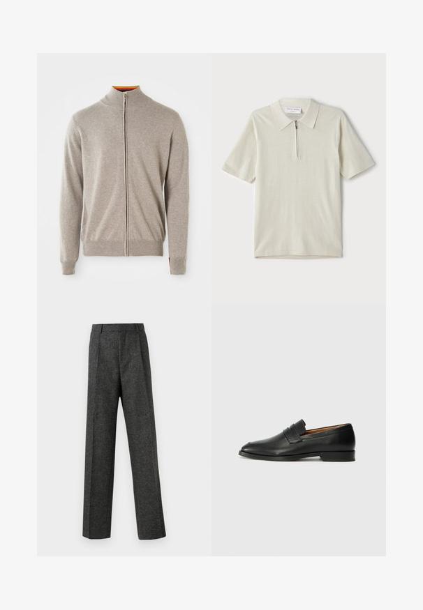 Gebreide rits-sweater in lichtgrijs. Beschikt over een hoge kraag, geribbelde manchetten en zoom. Binnenkant van de kraag toont een kleurrijke accent. Zachte textuur.; Korte mouwen polo in lichtbeige met een ritskraag. Gemaakt van gladde stof, voorzien van een eenvoudig, modern ontwerp zonder patronen.; Grijze op maat gemaakte broek van gestructureerde stof, met twee voorplooien en een rechte pijp. Geen zichtbare zakken of versieringen.; Zwarte leren instapper met een ronde neus, subtiele stikdetails en een lage hak, met een gladde textuur en een minimalistisch ontwerp.