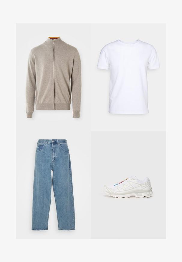 Knit zip-up sweater in light gray. Features a high collar, ribbed cuffs, and hem. Inside collar displays a colorful accent. Soft texture.; White short-sleeve t-shirt in cotton fabric with a round neckline. Simple design with no patterns or accents. Smooth texture.; Light blue denim jeans with a high-waist, relaxed fit, featuring two front pockets, a back patch pocket, and a button closure.; White athletic shoe with textured mesh upper, reflective accents, and a cushioned sole. Notable brand logo on the side.