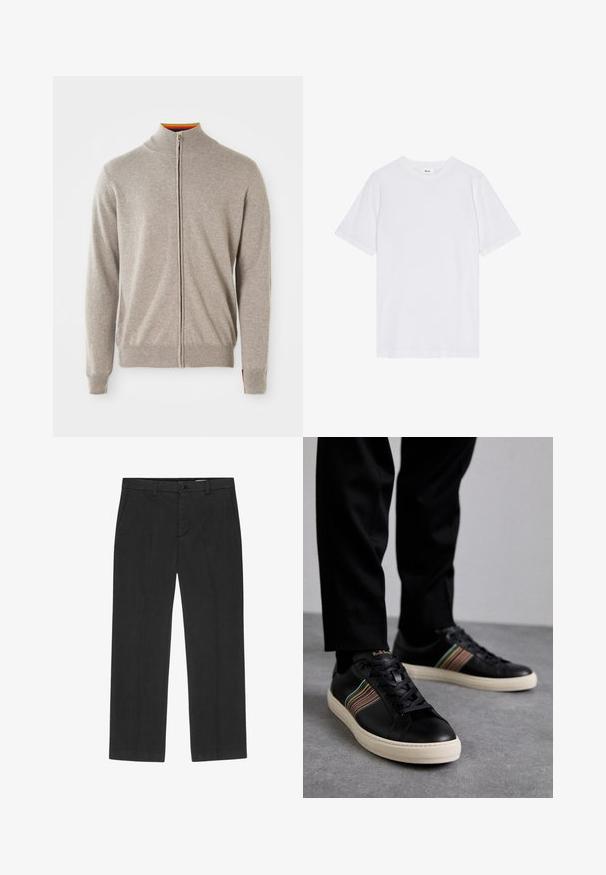 Strickjacke mit Reißverschluss in Hellgrau. Verfügt über einen hohen Kragen, gerippte Bündchen und einen Saum. Der innere Kragen zeigt einen farbenfrohen Akzent. Weiche Textur.; Weißes T-Shirt, kurze Ärmel, Rundhals, aus Baumwolle, mit einer glatten Textur, geradem Saum und einem minimalistischen Design ohne Muster.; Schwarze Hosen mit geradem Bein, aus einem leichten Stoff hergestellt. Verfügt über Vordertaschen und einen Knopfverschluss. Glatte Textur.; Schwarze Ledersneaker mit mehrfarbigen gestreiften Akzenten, runder Zehenform und weißen Gummisohlen, mit schnürbarem Design und geprägter Markenkennzeichnung.