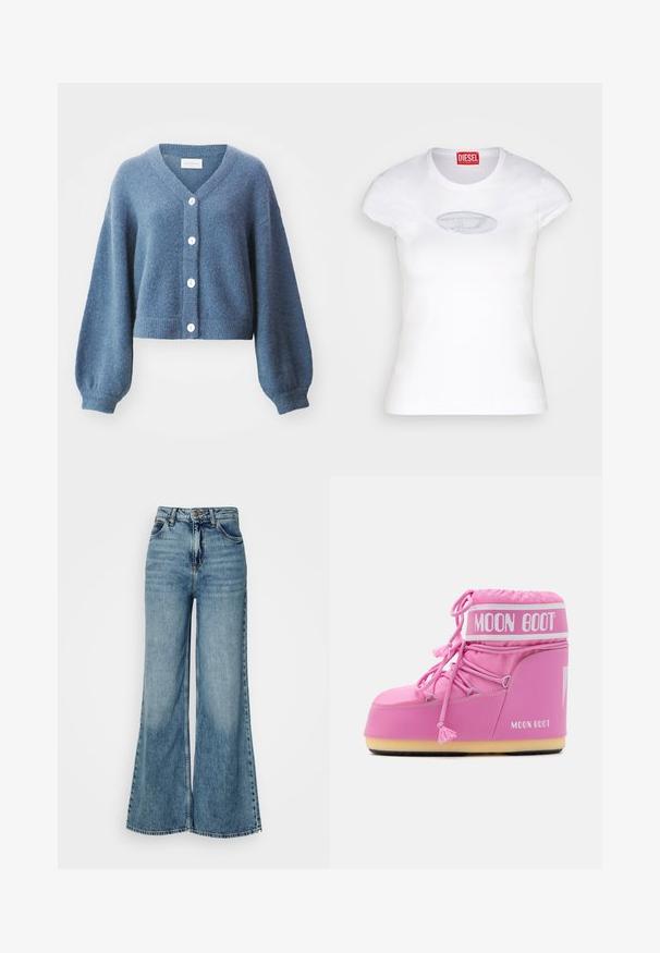MSCH Copenhagen HOPE CARDIGAN - Cardigan - bluefin; White fitted T-shirt made of cotton, featuring a round neckline and short sleeves, with a light blue embroidered logo on the front.; High-waisted, light blue wide-leg denim jeans with front pockets and button closure, shown against a plain white background.; Pink Moon Boot with a high top, textured fabric, decorative laces, and a branded strap. Features a durable sole for stability.