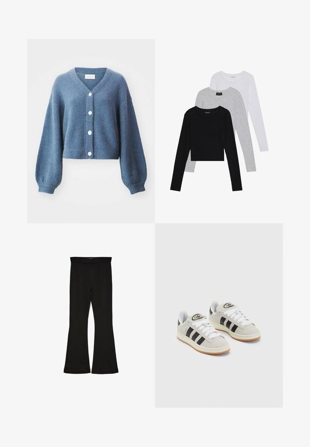 MSCH Copenhagen HOPE CARDIGAN - Kardigan - bluefin; Tři trička s dlouhým rukávem naskládaná na sobě: černé, šedé a bílé. Každé má kulatý výstřih a kratší střih z hladkého, lehkého materiálu.; Černé legíny s rozšířením vyrobené z elastického materiálu. Mají široký pás a hladkou strukturu, s přiléhavým střihem, který se na lemu rozšiřuje.; Šedé semišové tenisky s bílými tkaničkami, černými pruhy a bílou gumovou podrážkou. Mají kulaté logo na jazyku a gumovou podrážku.