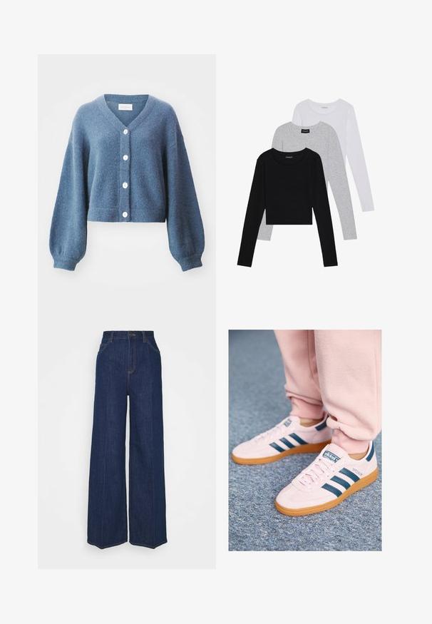 MSCH Copenhagen HOPE CARDIGAN - Casaco de malha - bluefin; Três camisetas de manga longa empilhadas: preta, cinza e branca. Cada uma tem um decote redondo e um design cropped, feitas de um tecido leve e suave.; Jeans de denim escuros de cintura alta e perna larga, com bolsos frontais e traseiros, fecho com botão e detalhes de costura visíveis.; Sneakers de camurça rosa claro com riscas de pele azul escura e sola de borracha. Características incluem atacadores planos e marcação no lado e na língua.