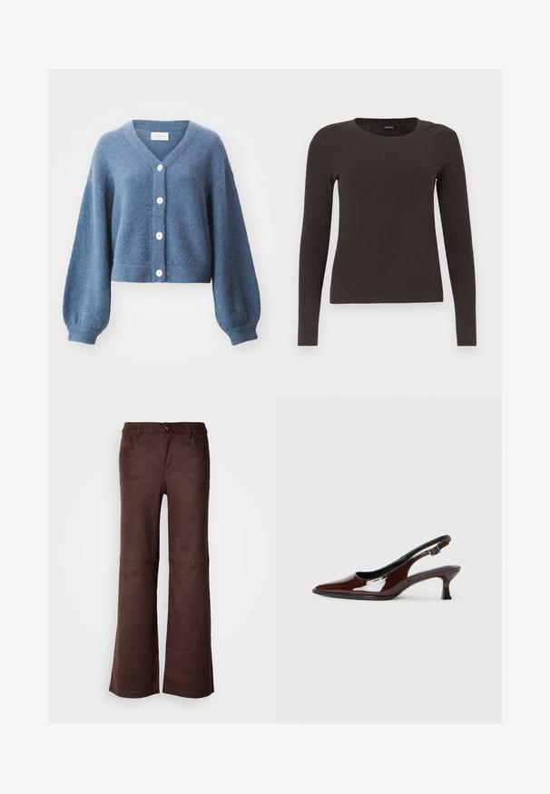 MSCH Copenhagen HOPE CARDIGAN - Kardiganas - bluefin; Rudas, su ilgomis rankovėmis, grioveliais dekoruotas viršus su apvaliu iškirpimu. Pagamintas iš lygaus, elastingo audinio, su prigludusia siluetu ir minimaliais akcentais.; Rudos plačios kelnės iš minkštos, panašios į zomšą medžiagos. Turi keturias kišenes, sagų užsegimą ir lygią, tekstūruotą paviršių.; Rudos lakuoti odiniai slingback batai su smailiu pirštu ir vidutinio aukščio kulnu. Yra sagties dirželis, užtikrinantis tvirtą prigludimą. Lygus paviršius.