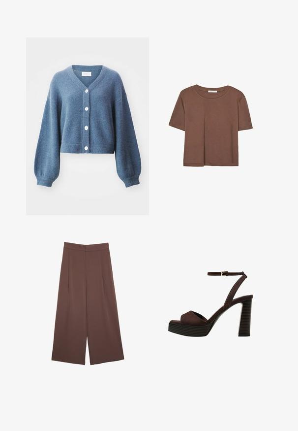 MSCH Copenhagen HOPE CARDIGAN - Vesta na kopčanje - bluefin; Smeđi kratki rukav majica od mekog materijala, s okruglim izrezom i opuštenim krojem. Nema vidljivih uzoraka ili naglasaka.; Smeđe hlače širokog kroja s glatkom teksturom, koje imaju visok struk i nabore sprijeda. Tkanina je lagana i slobodno se kreće.; Smeđe zamšaste sandale s visokim potpeticama, otvorenim prstima, podesivom trakicom oko gležnja i prugastom platformom.