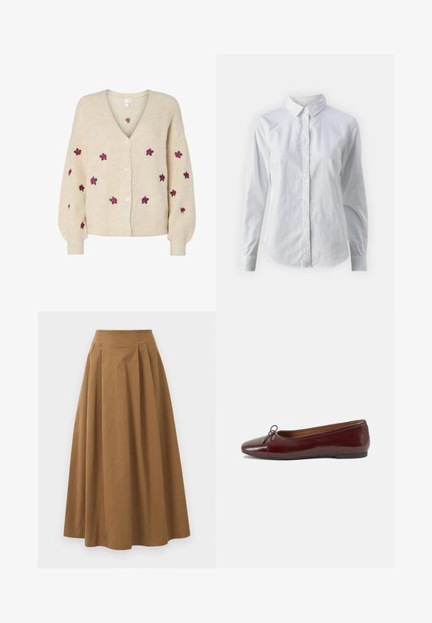 Beige strikket cardigan med V-hals, ribbestrikket tekstur, fem-knaps frontlukking og broderte rosa roser. Lange ermer med tettsittende mansjetter.; Hvit skjorte med knapper laget av glatt bomull, med klassisk krage, lange ermer og buet skjær. Knapper er små og hvite.; Brun bomull A-linje skjørt med høy midje, med folder foran og en jevn tekstur. Kantene er rene og enkle.; Burgunderrød lakk lær ballettleilighet med rund tå, liten sløyfe foran og en lav, svart gummisåle. Glatt tekstur.