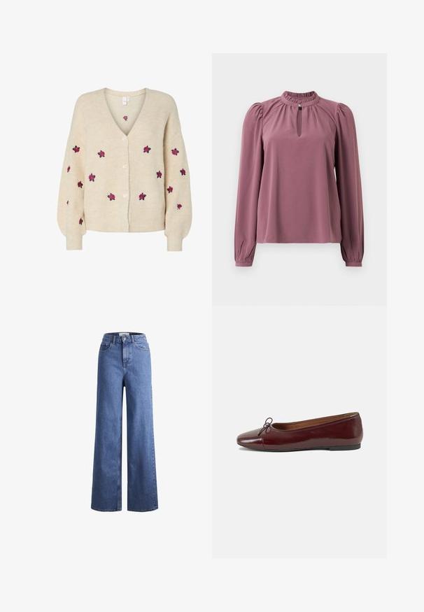 Beige strikket cardigan med V-hals, ribbestrikket tekstur, fem-knaps frontlukking og broderte rosa roser. Lange ermer med tettsittende mansjetter.; Langermet mauve-bluse med rynket krage, nøkkelhull-utsnitt med knappeåpning, og litt puffede skuldre.; Lyseblå denim vide benbukser med høy midje, to frontlommer og synlig søm. Har knapp- og glidelås-lukking.; Burgunderrød lakk lær ballettleilighet med rund tå, liten sløyfe foran og en lav, svart gummisåle. Glatt tekstur.