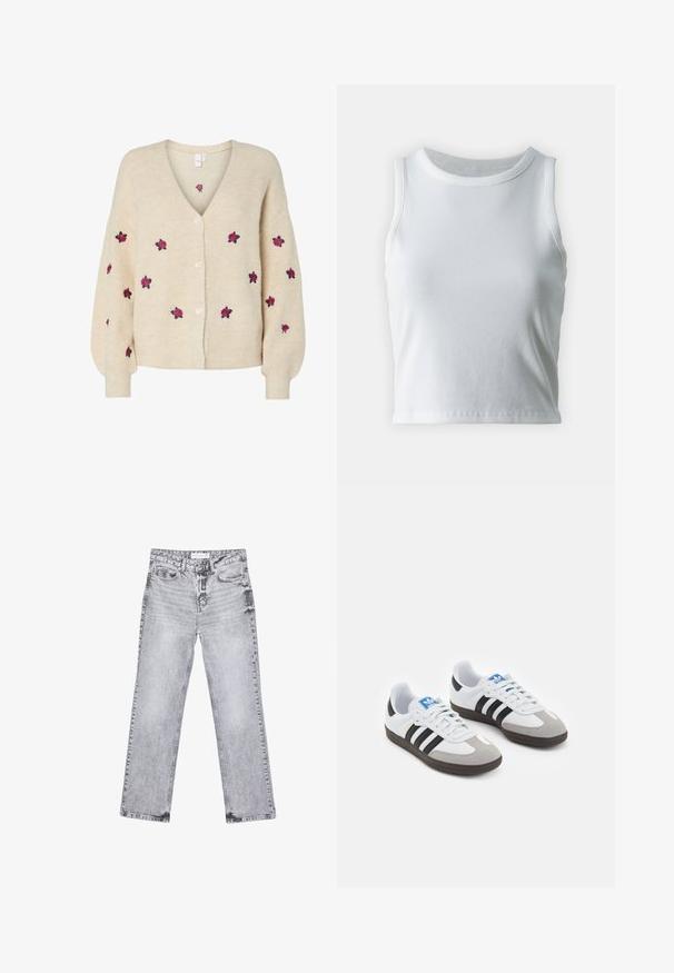 Beige pletený cardigan se V-výstřihem, ribbovanou texturou, předním zapínáním na pět knoflíků a vyšitými růžovými růžemi. Dlouhé rukávy s přiléhavými manžetami.; Bílý žebrovaný tílko s kulatým výstřihem a bezramínkovým designem, s rovnými lemy a hladkou, elastickou strukturou.; Šedé džíny z denimu se střihy rovnými nohavicemi, s poškozenou úpravou, pěti kapsami a měděnými nýtky. Pasová část obsahuje logo štítek.; Sportovní boty s bílým koženým svrškem, šedou semišovou špičkou a třemi černými pruhy. Obsahují modré logo na jazyku a texturovanou gumovou podrážku.