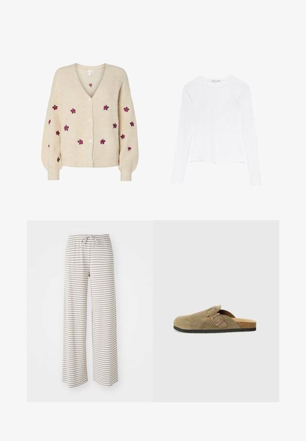 Beige pletený cardigan se V-výstřihem, ribbovanou texturou, předním zapínáním na pět knoflíků a vyšitými růžovými růžemi. Dlouhé rukávy s přiléhavými manžetami.; Bílé tričko s dlouhým rukávem a kulatým výstřihem. Disponuje přiléhavým střihem, hladkým textilním povrchem a mírně zkráceným lemem.; Pánské široké kalhoty z lehkého materiálu, s vodorovnými pruhy v béžové a bílé barvě. Elastický pas s šňůrkovým uzávěrem.; Semišová pantofle ve stylu dřeváků v olivově zelené barvě s úzkým páskem a kovovou přezkou. Má korkovou stélku a černou gumovou podrážku.