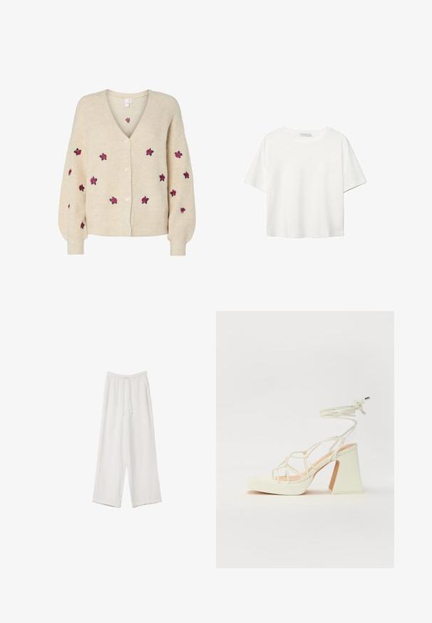 Beige Strickjacke mit V-Ausschnitt, geripptem Muster, fünf Knöpfen vorne und gestickten rosa Rosen. Lange Ärmel mit enganliegenden Bündchen.; Weißes T-Shirt mit kurzen Ärmeln aus Baumwolle. Hat einen Rundhalsausschnitt und eine lockere Passform. Glatte Textur ohne sichtbare Muster oder Akzente.; Weiße weit geschnittene Hose aus leichtem Stoff. Mit einem elastischen Bund und Kordelzug sowie Seitentaschen. Glatte Textur.; Weiße High-Heel-Sandale mit einem klobigen Absatz, die über ein Riemchendesign und ein Knöchelband verfügt. Glatte Textur mit einer Plattform vorne für zusätzliche Höhe.