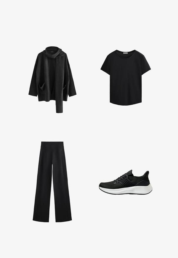 Next Cardigan - black; Maglietta nera a maniche corte con scollo rotondo e dettagli in rete forata sulle spalle. Tessuto morbido, vestibilità comoda, orlo curvo.; Pantaloni neri a gamba larga realizzati in un tessuto morbido, dotati di una vita alta e due tasche con zip, con cuciture sottili lungo i lati.; Scarpa atletica nera con tomaia in tessuto testurizzato, sistema di lacci e una suola intermedia bianca. Presenta un profilo basso e un design della suola curvato.