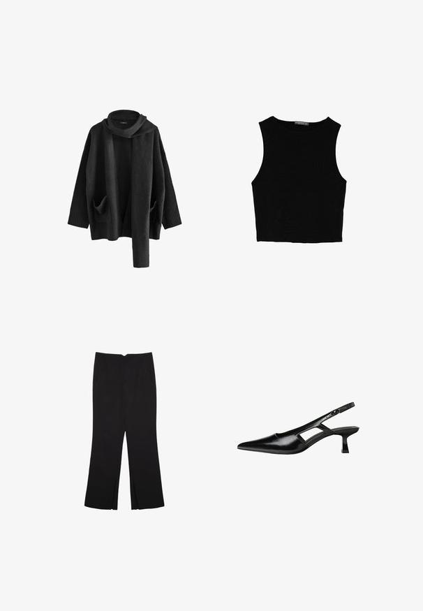 Next Kofta - black; Svart ärmlös crop top i mjukt tyg, med rund hals och en ren, enkel design utan mönster eller detaljer.; Svarta byxor med rak passform, utrustade med framfickor och sidoklyvningar vid fållen. Tillverkade av mjukt, slätt tyg. Lämpliga för olika tillfällen.; Svart lackläder slingback-klackar med spetsig tå, utskuren sidor och en liten fyrkantig klack. Slät textur med minimala accenter.