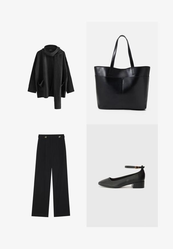 Next Vest - black; Zwarte langemouwen top met uitlopende manchetten, een zachte textuur en een relaxed fit, met een eenvoudige ronde halslijn.; Zwarte wijde broek met hoge taille, knoopdetails op de tailleband en plooien aan de voorkant.; Zwarte leren pump met een spitse neus en een lage blokhak. Beschikt over een enkelband met een goudkleurige gespsluiting. Gladde textuur.; Zwarte leren tote bag met twee lange handvatten, een zachte textuur en een gestructureerde vorm. Voorzien van een voorvak voor extra opslagruimte.