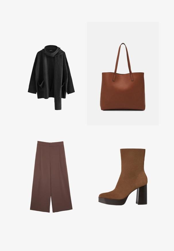 Next Cardigan - black; Maglietta a maniche corte marrone realizzata in tessuto morbido, con scollatura rotonda e vestibilità rilassata. Nessun motivo o dettaglio visibile.; Pantaloni ampi marroni con una texture liscia, caratterizzati da una vita alta e pieghe frontali. Il tessuto è leggero e scorre liberamente.; Stivale alla caviglia in suede marrone con punta arrotondata, tacco spesso a strisce nere e superficie liscia. Caratterizzato da un design aderente senza hardware visibile.; Borsa tote in pelle marrone con texture liscia, design con apertura superiore e due spallacci. Presenta cuciture minime e nessun hardware visibile.