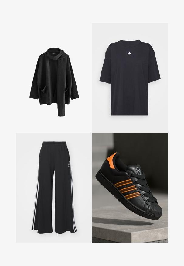 Next Cardigan - black; T-shirt in cotone nero con maniche corte, scollatura rotonda, presenta un logo bianco Adidas sul petto. Design semplice, vestibilità rilassata.; Pantaloni in felpa neri a gamba larga con vita elastica, dotati di strisce bianche sui lati e un logo ricamato sulla coscia sinistra.; Sneaker nera con accenti arancioni, tre strisce orizzontali, parte superiore in pelle texture, punta in gomma e lacci neri.