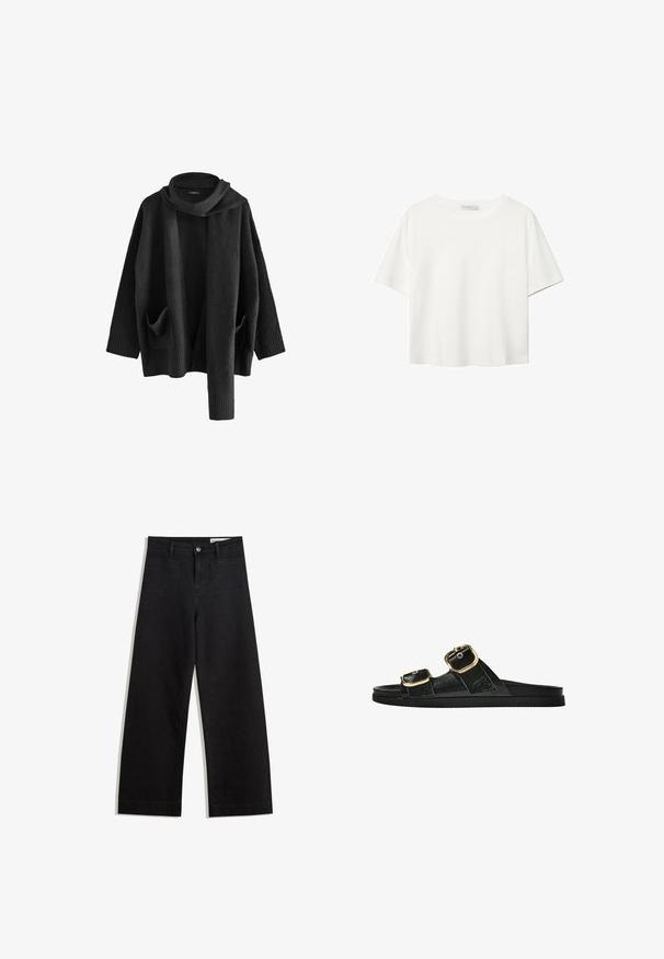 Next Cardigan - black; Hvid kortærmet t-shirt lavet af bomuld. Har en rund halsudskæring og en afslappet pasform. Glat tekstur uden synlige mønstre eller detaljer.; Sorte wide-leg denim bukser med høj talje, der har front- og baglommer, syede sømme og en knaplukning. Glat tekstur.; Sort skridsandal med to guldspænder, glat tekstureret materiale, flad sål og et minimalistisk design.