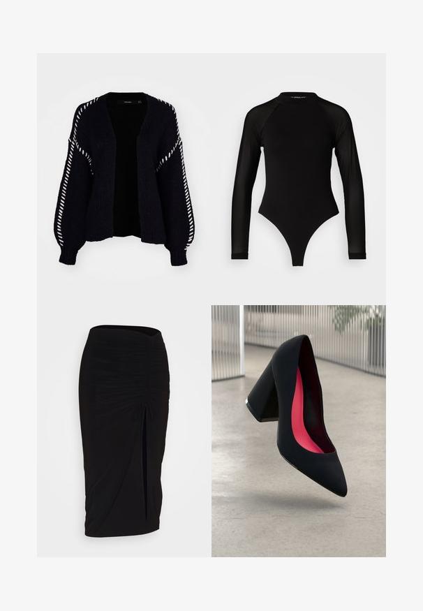 Vero Moda FENG LS V-NECK GA BOO - Kardigán - black; Fekete, hosszú ujjú body, magas nyakkal, melynek testrésze sima anyagból készült, míg az ujjai áttetsző hálós anyagból vannak, testhezálló fazonban.; Fekete, ráncolt ceruzaszoknya kötött részlettel és oldalsó hasítékkal. Rugalmas anyagból készült, sima textúrával és testhez álló kialakítással.; Fekete magassarkú cipő hegyes orral, textúrált felülettel és élénk rózsaszín béléssel. Vastag sarokkal rendelkezik, ezüst kiegészítővel.