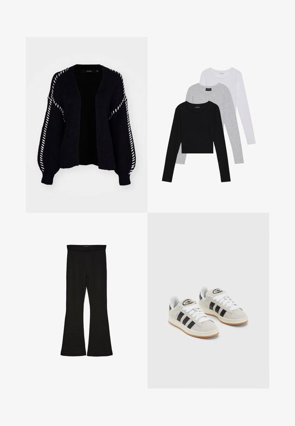 Vero Moda FENG LS V-NECK GA BOO - Adīta jaka - black; Trīs garām piedurknēm veidotas augšdaļas, sakrautās: melna, pelēka un balta. Katram ir noapaļots kakla izgriezums un īsa dizaina forma ar gludu, vieglu audumu.; Melnas flared leggings, kas izgatavotas no stiepjama auduma. Iezīmējas ar platu jostasvietu un gludu tekstūru, ar pieguļošu siluetu, kas paplašinās pie apakšmalas.; Pelēkas zamšādas kedas ar baltām saites, melnām svītrām un baltu gumijas zoli. Raksturīga apļa logo uz mēles un gumijas zole.